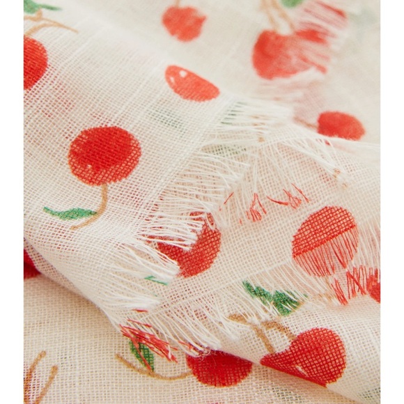 MANGO cherry print off white scarf shawl cotton-linen blend - Picture 10 of 12